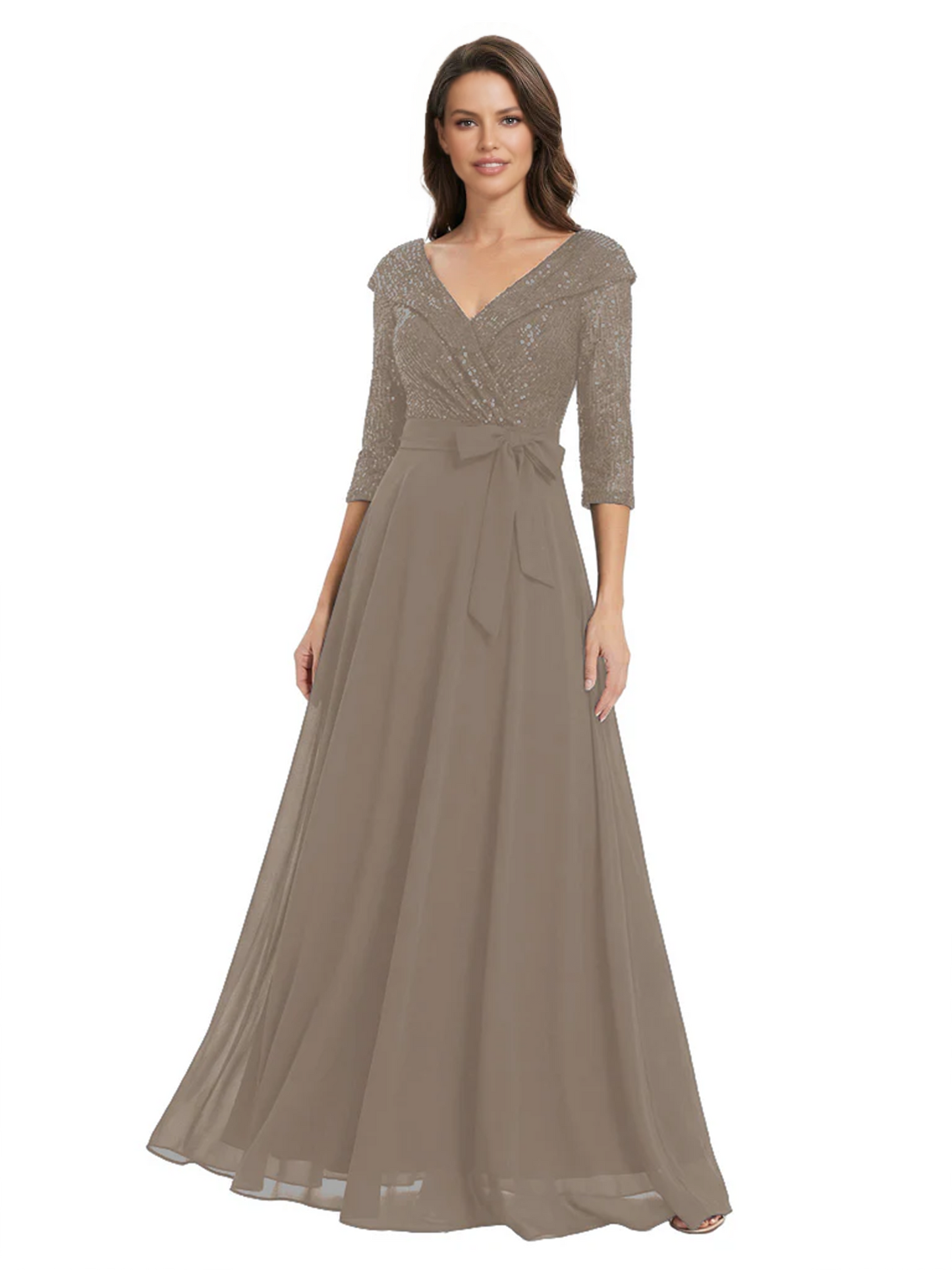 Chiffon Mother of the Bride Dress with Sequin V-Neck and Elegant Bow Sash