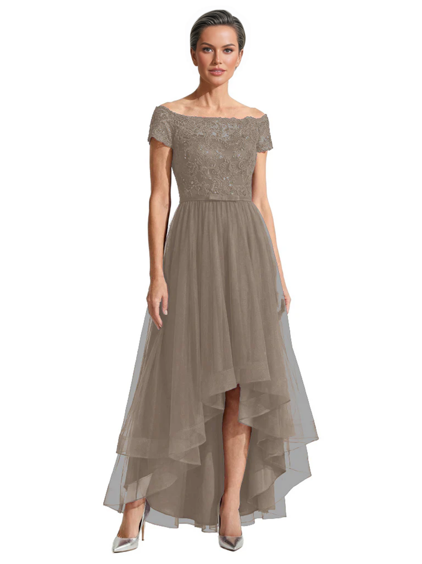 Formal High-Low Mother of the Bride Gown Short Sleeve Lace Maxi Dress with Tiered Skirt