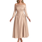 Off Shoulder Mother of the Bride Dress Tea-Length Satin Gown with Lace Applique