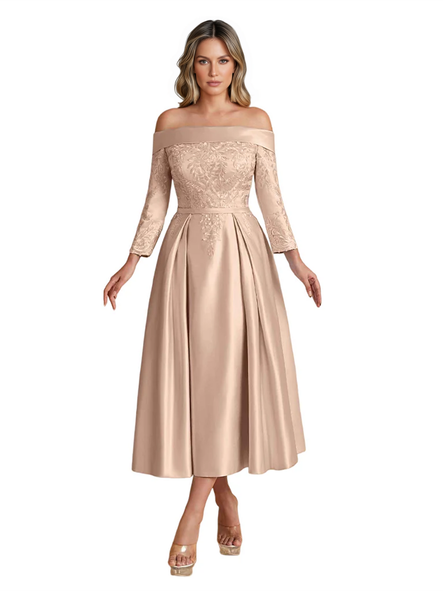 Off Shoulder Mother of the Bride Dress Tea-Length Satin Gown with Lace Applique