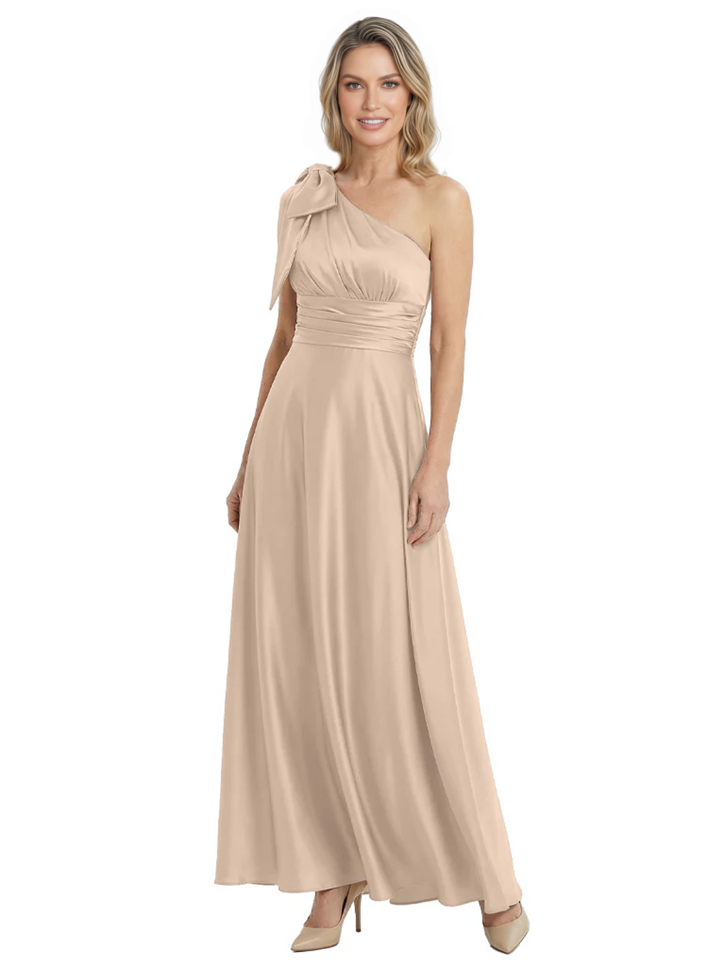 One-Shoulder Mother of the Bride Dress Satin Gown with Bow Ruched Empire Waist