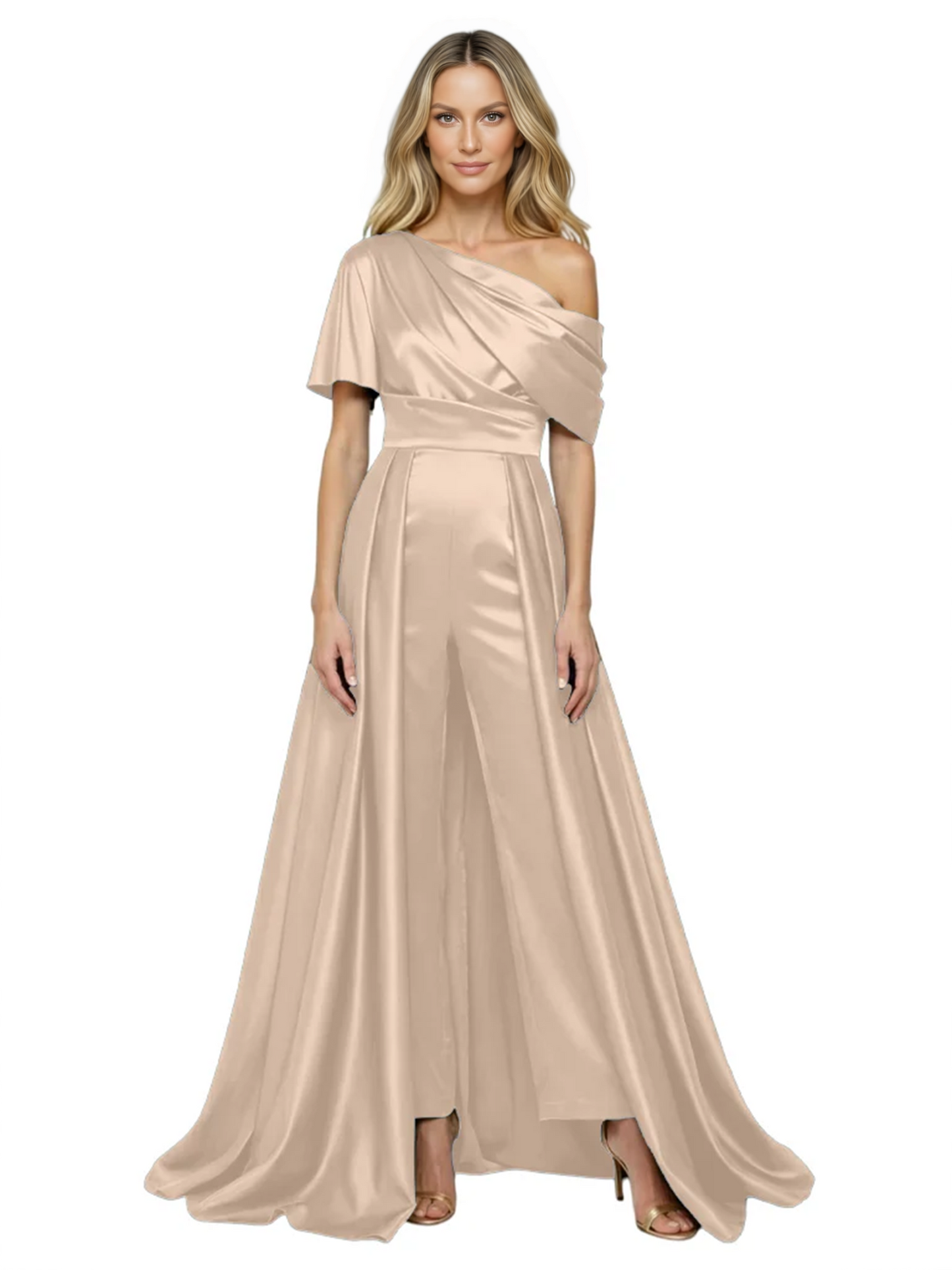One Shoulder Mother of Bride jumpsuits Formal Gowns Floor Length Detachable Train