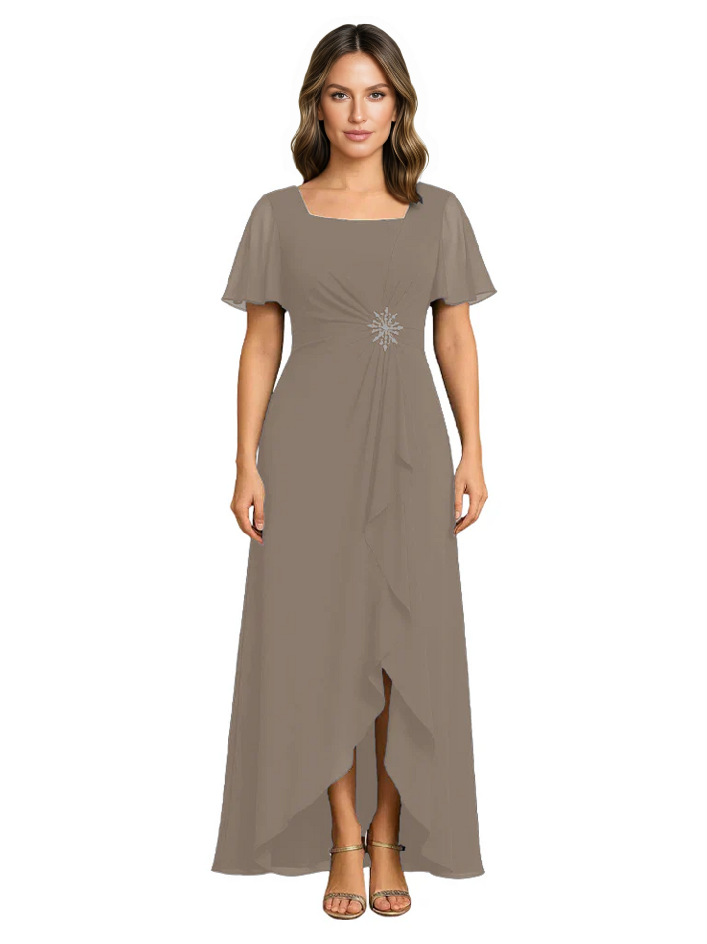 Formal High-Low Mother of the Bride Gown Sleeved Chiffon Maxi Dress Ruched Waist