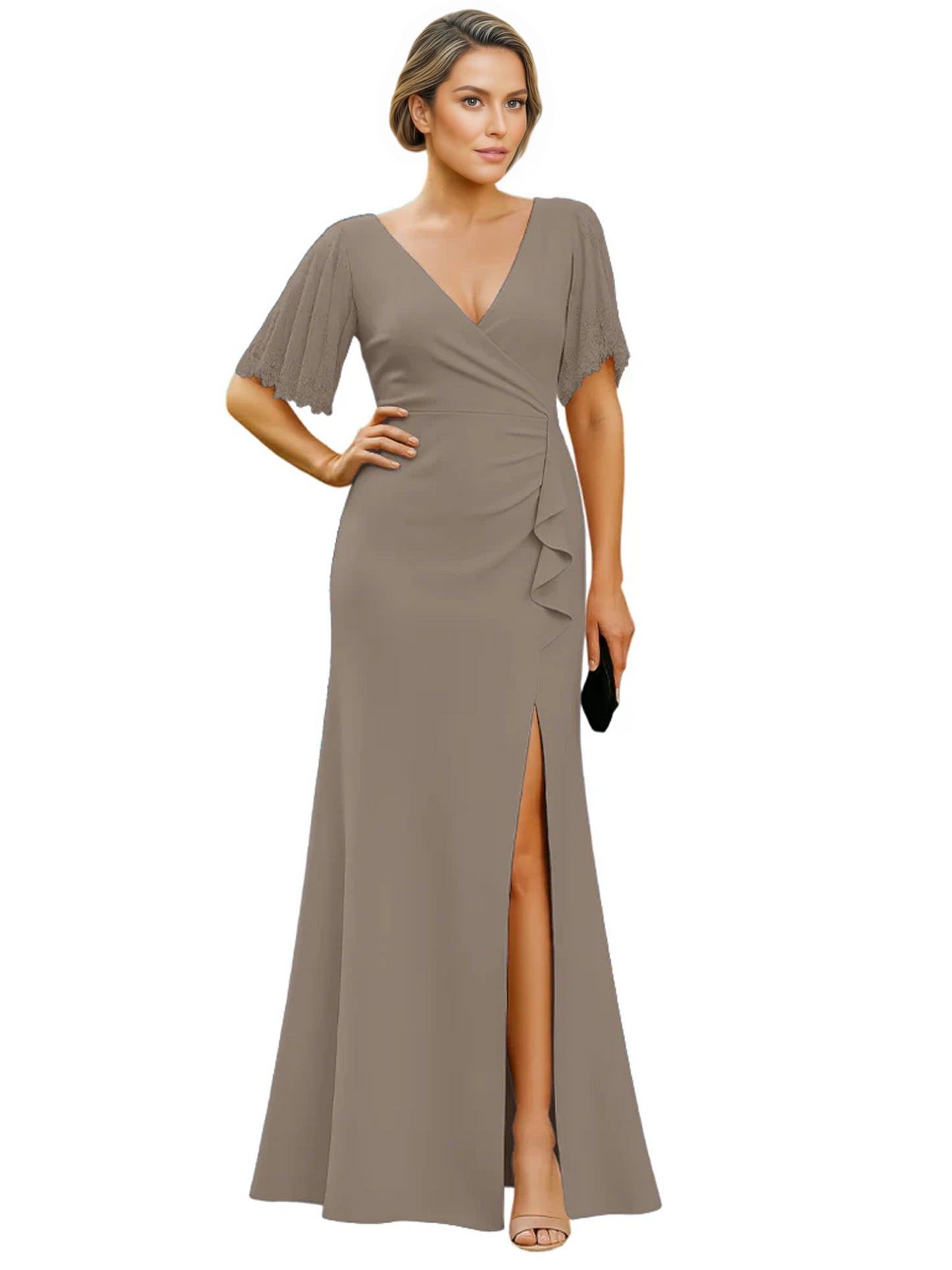 Elegant Evening Gown Trending V-Neck & Ruffle Detail Mother of Bride Outfits Slit