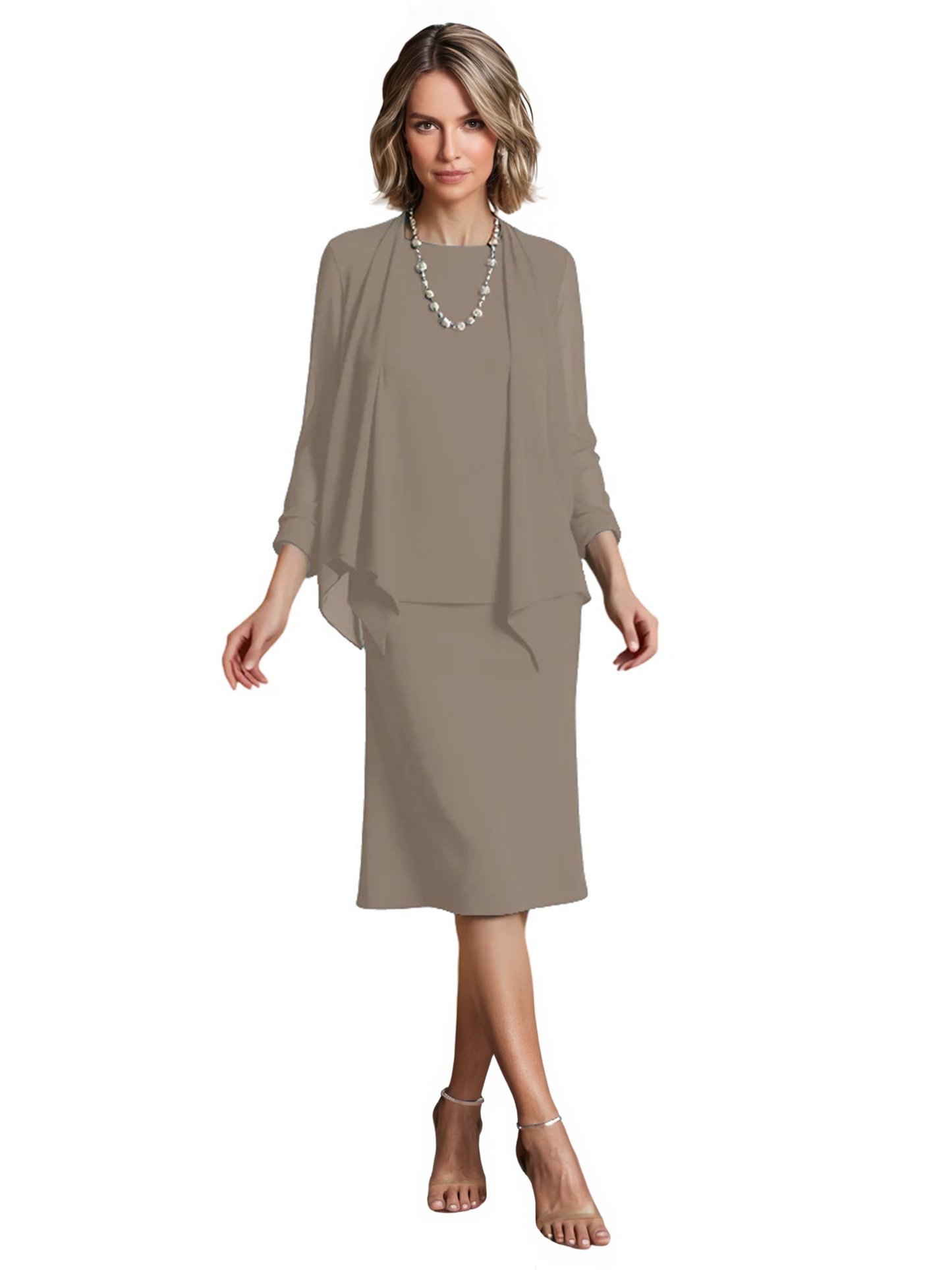 3 PCS Knee-Length Mother of Bride Dresses Prom Dress Evening Dress with Sheer Sleeves and Jacket