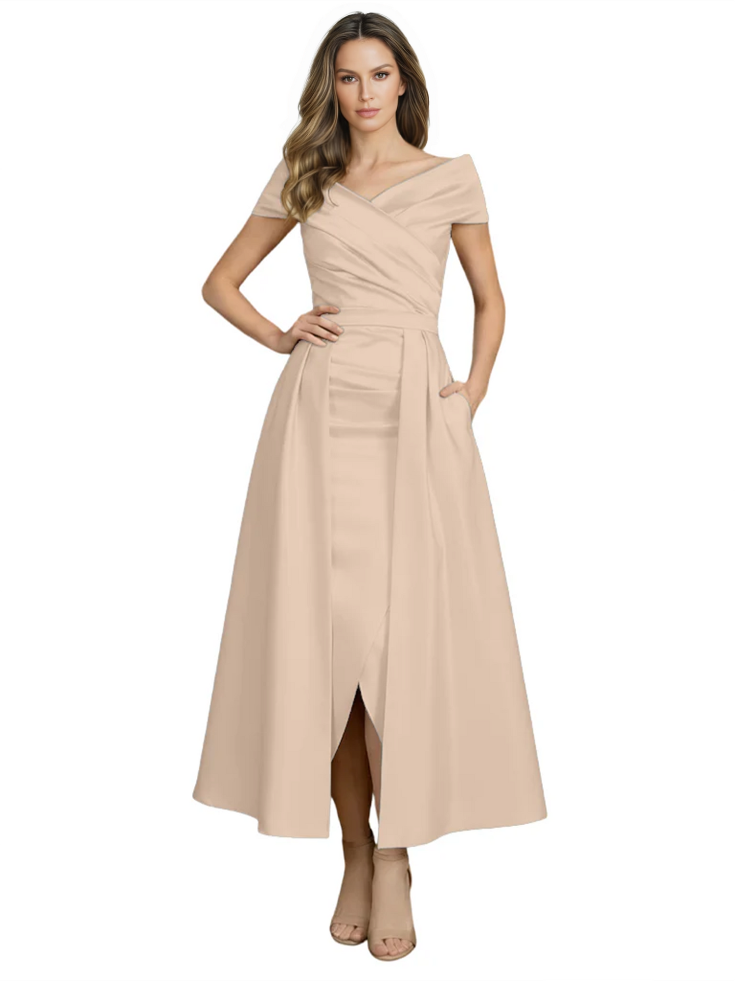 Formal Floor-Length Mother of the Bride Gown Satin Maxi Dress with Slit Off Shoulder
