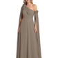 One Shoulder Mother of the Bride Dress Asymmetrical Cape Sleeve Gown with Floral