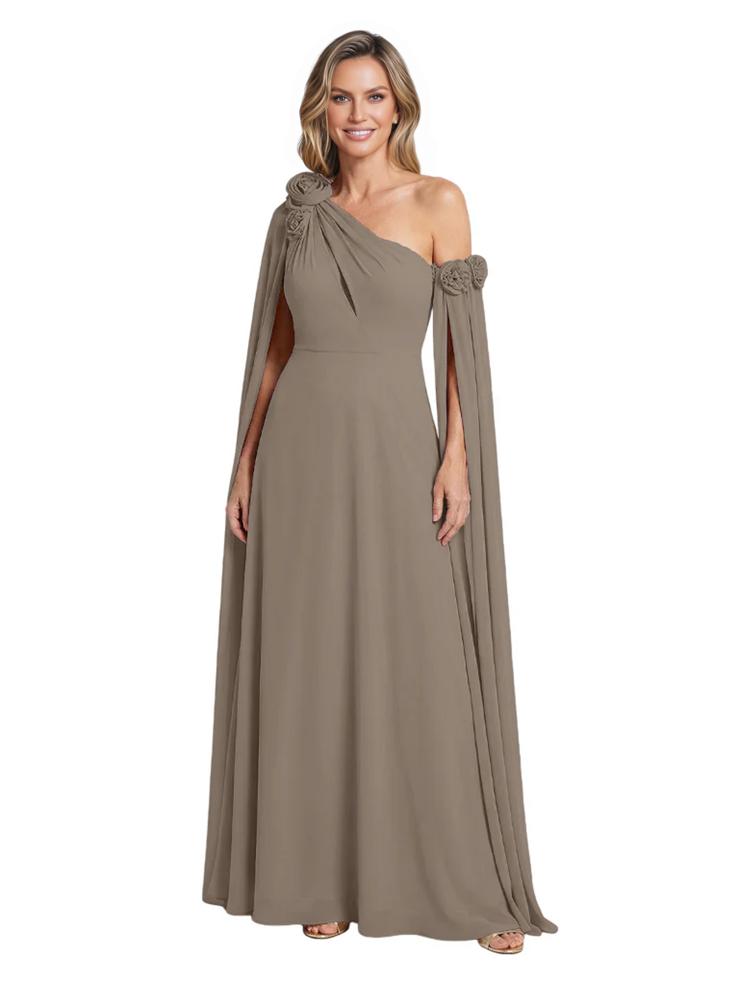 One Shoulder Mother of the Bride Dress Asymmetrical Cape Sleeve Gown with Floral