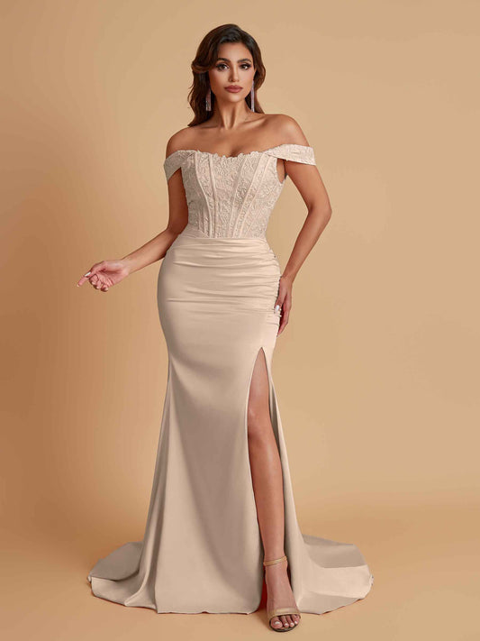 Elegant Soft Satin Mermaid Off Shoulder Side Slit Floor-Length Mermaid Bridesmaid Dresses