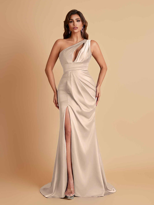Sexy One Shoulder Soft Satin Side Slit Floor-Length Mermaid Bridesmaid Dresses