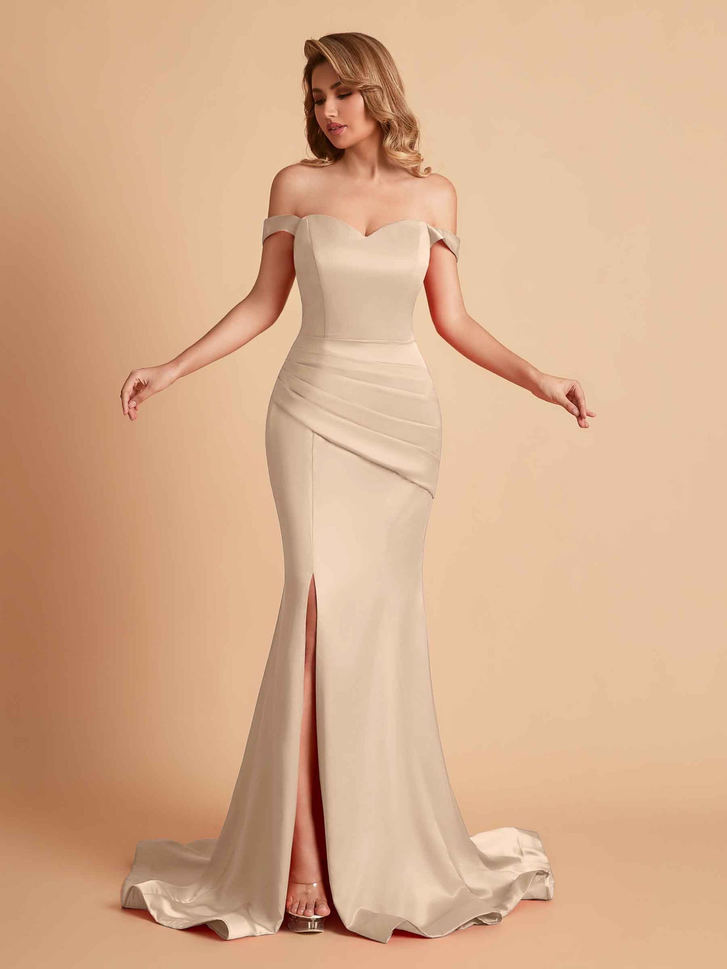 Elegant Satin Off the Shoulder Mermaid Side Slit Floor Length Bridesmaid Dresses