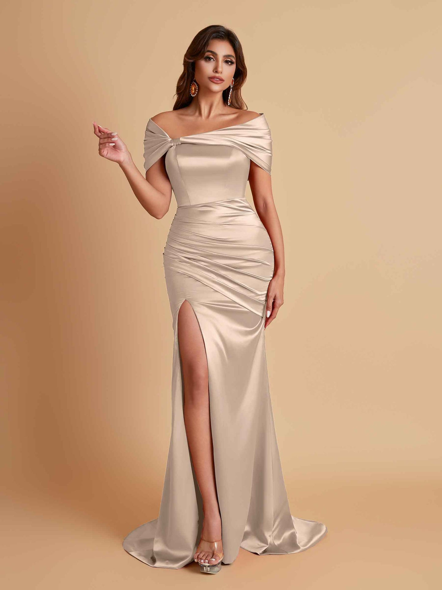 Elegant Soft Satin Off-the-shoulder Side-Slit Mermaid Bridesmaid Dresses