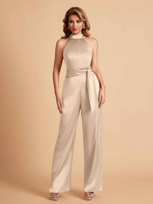 Elegant Satin Halter Sleeveless Satin Floor Length Bridesmaid Jumpsuit