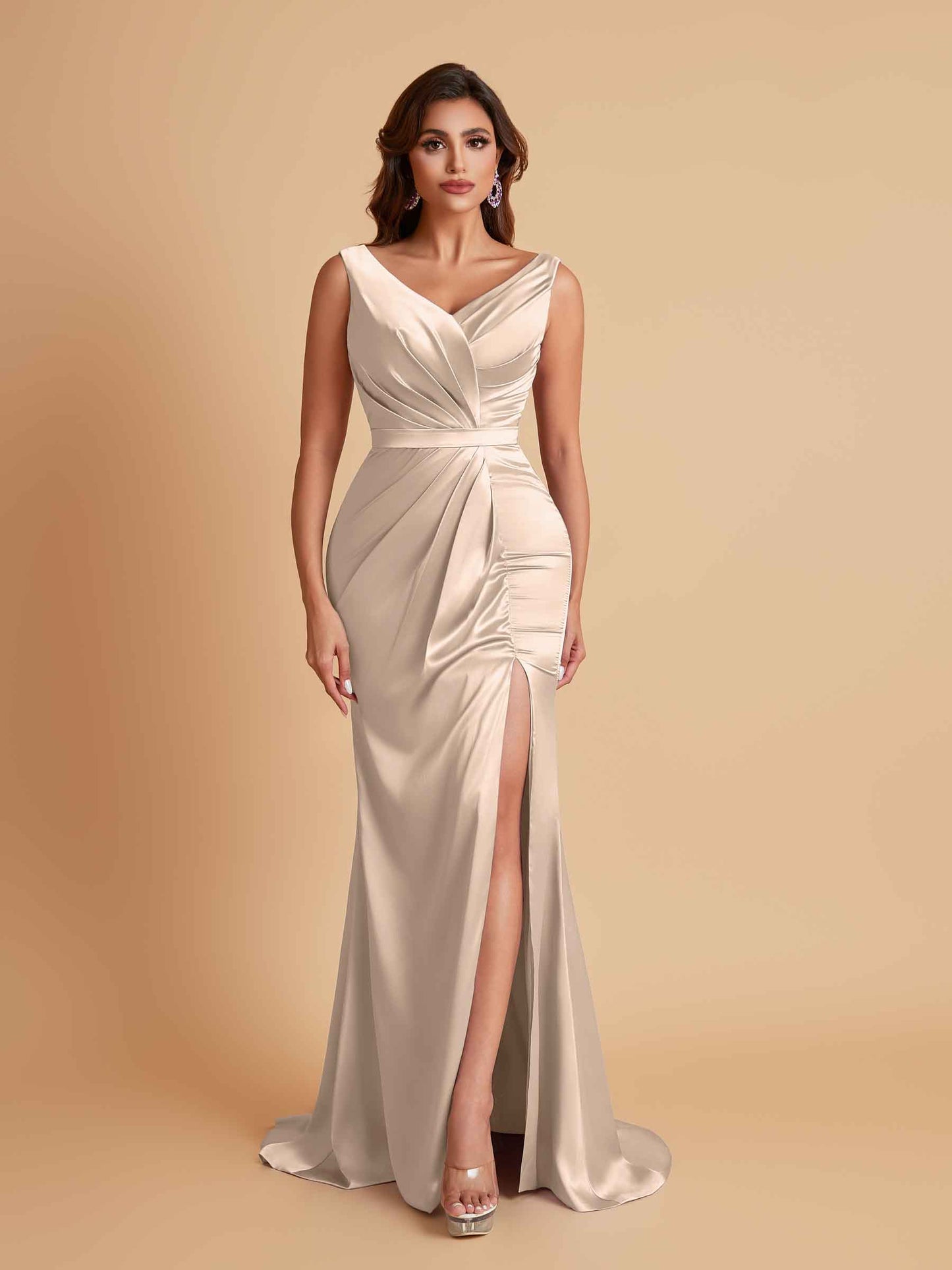 Elegant V Neck Soft Satin Side Slit Floor-Length Mermaid Bridesmaid Dresses