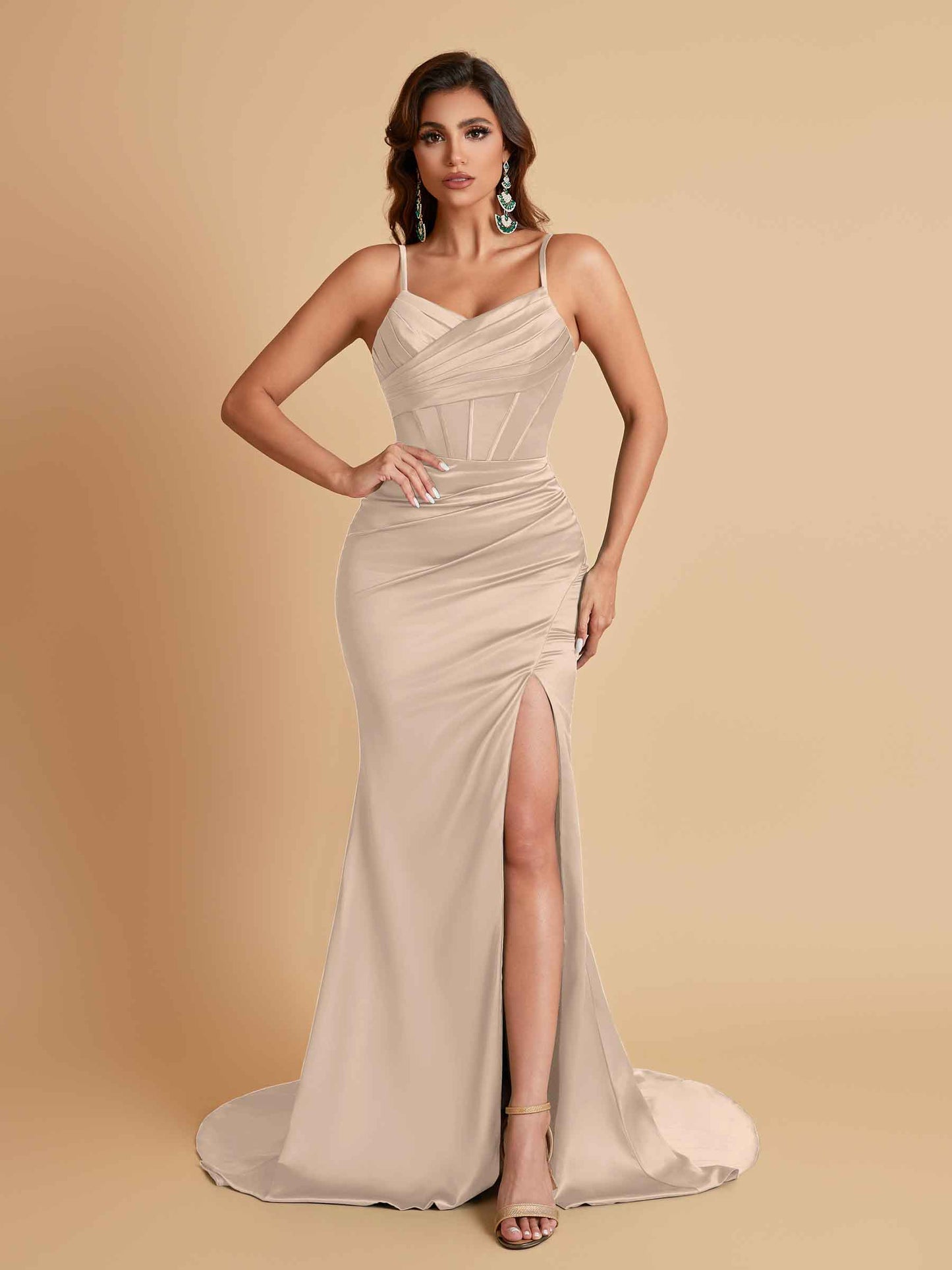 Sexy Spaghetti Straps V Neck Soft Satin Side Slit Floor-Length Mermaid Bridesmaid Dresses