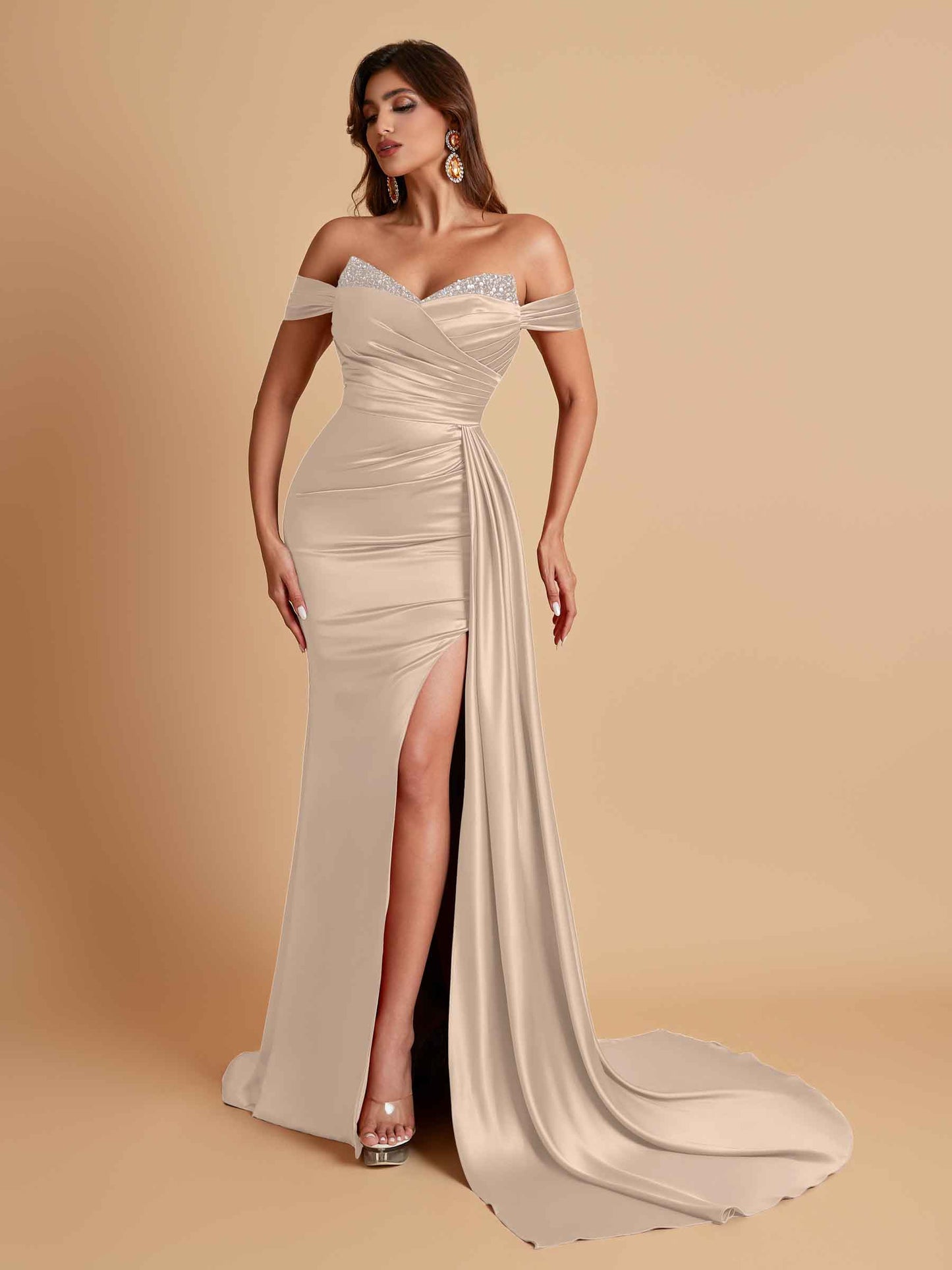 Gorgeous Soft Satin V-neck Off-the-Shoulder Side-Slit Mermaid Bridesmaid Dresses