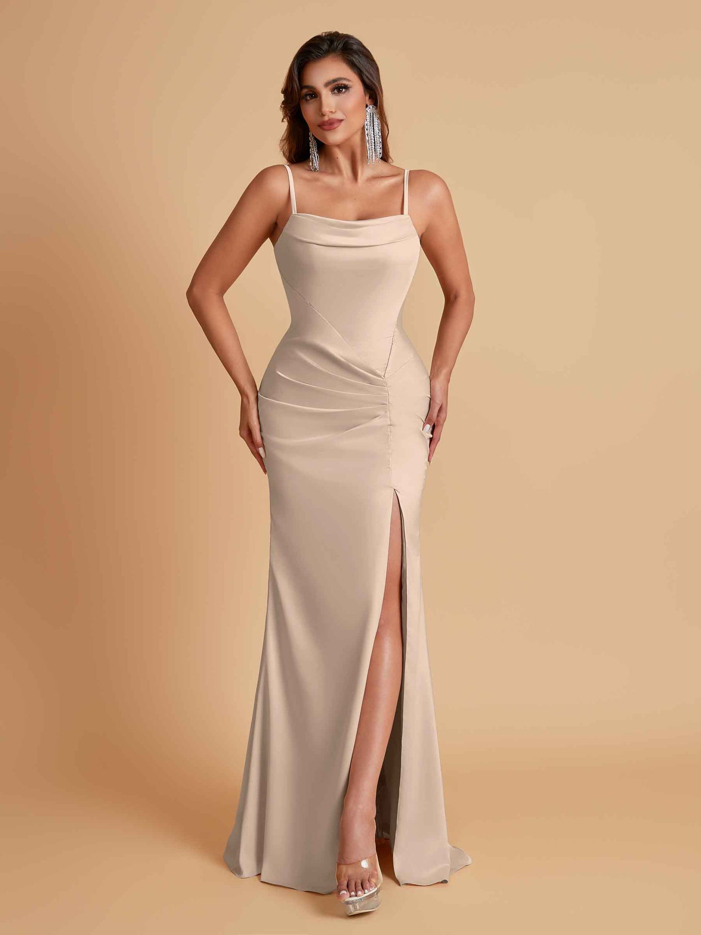 Gorgeous Spaghetti Straps Soft Satin Side Slit Floor-Length Mermaid Bridesmaid Dresses