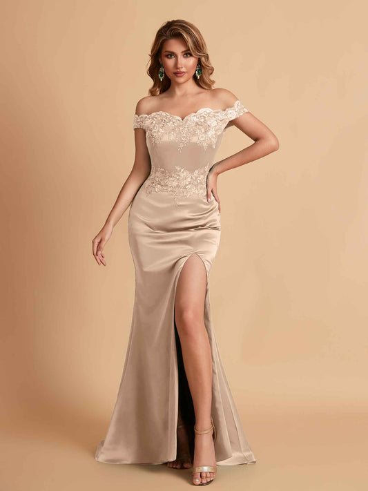 Elegant Satin Off Shoulder Mermaid Side Slit Floor Length Bridesmaid Dresses