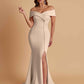 Elegant Soft Satin Mermaid Off Shoulder Side Slit Floor-Length Bridesmaid Dresses