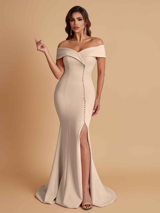 Elegant Soft Satin Mermaid Off Shoulder Side Slit Floor-Length Bridesmaid Dresses