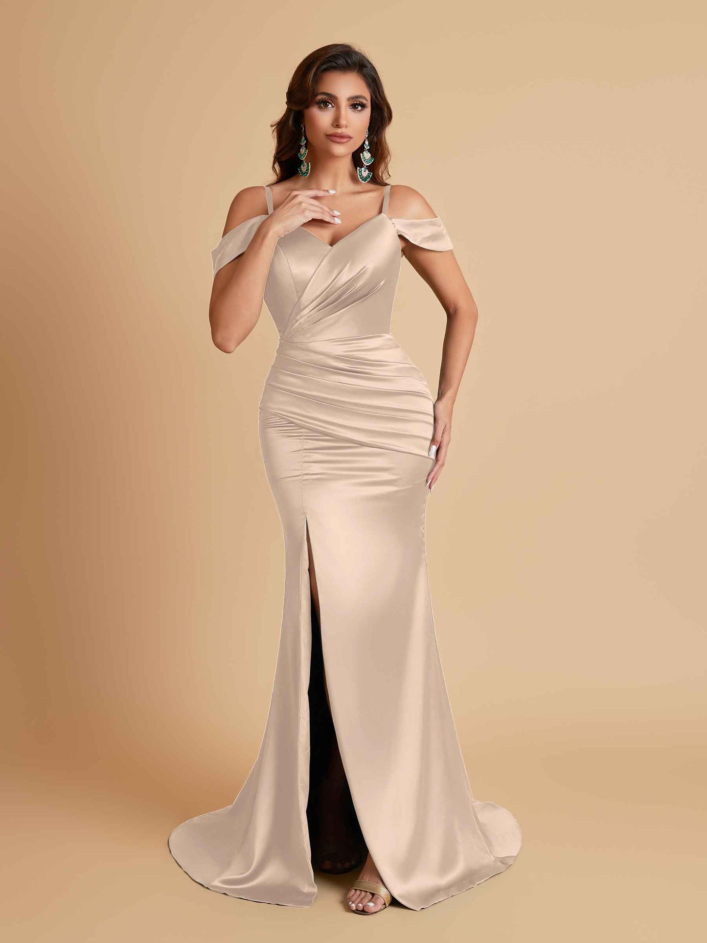 Sexy Soft Satin Mermaid Off Shoulder Side Slit Floor-Length Mermaid Bridesmaid Dresses