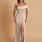 Elegant Soft Satin Mermaid Off Shoulder Asymmetrical Side Slit Floor-Length Bridesmaid Dresses