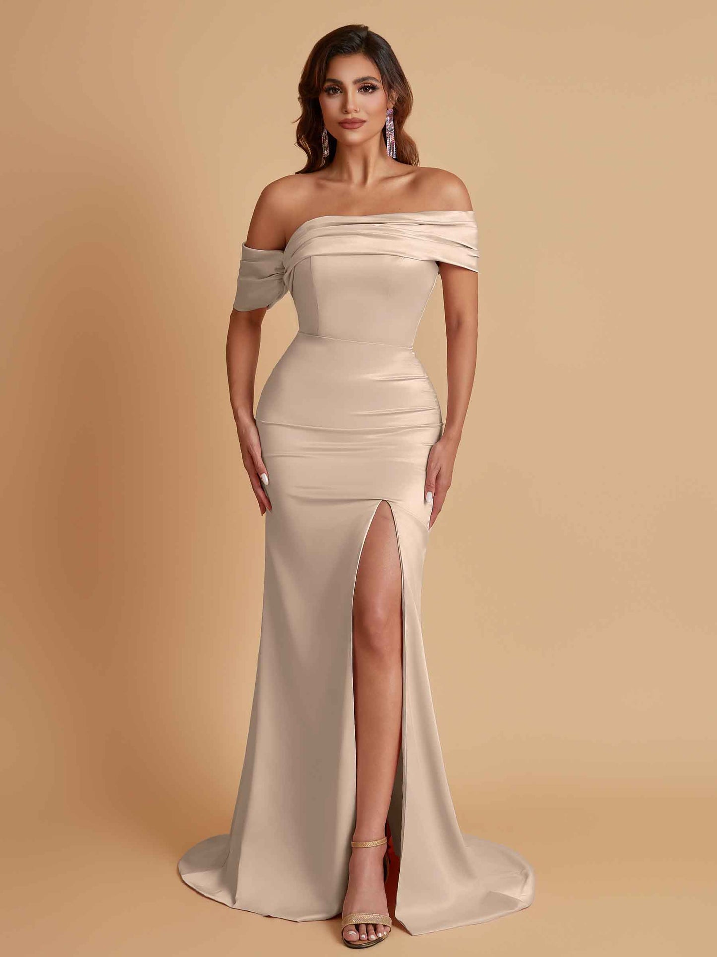 Elegant Soft Satin Mermaid Off Shoulder Asymmetrical Side Slit Floor-Length Bridesmaid Dresses