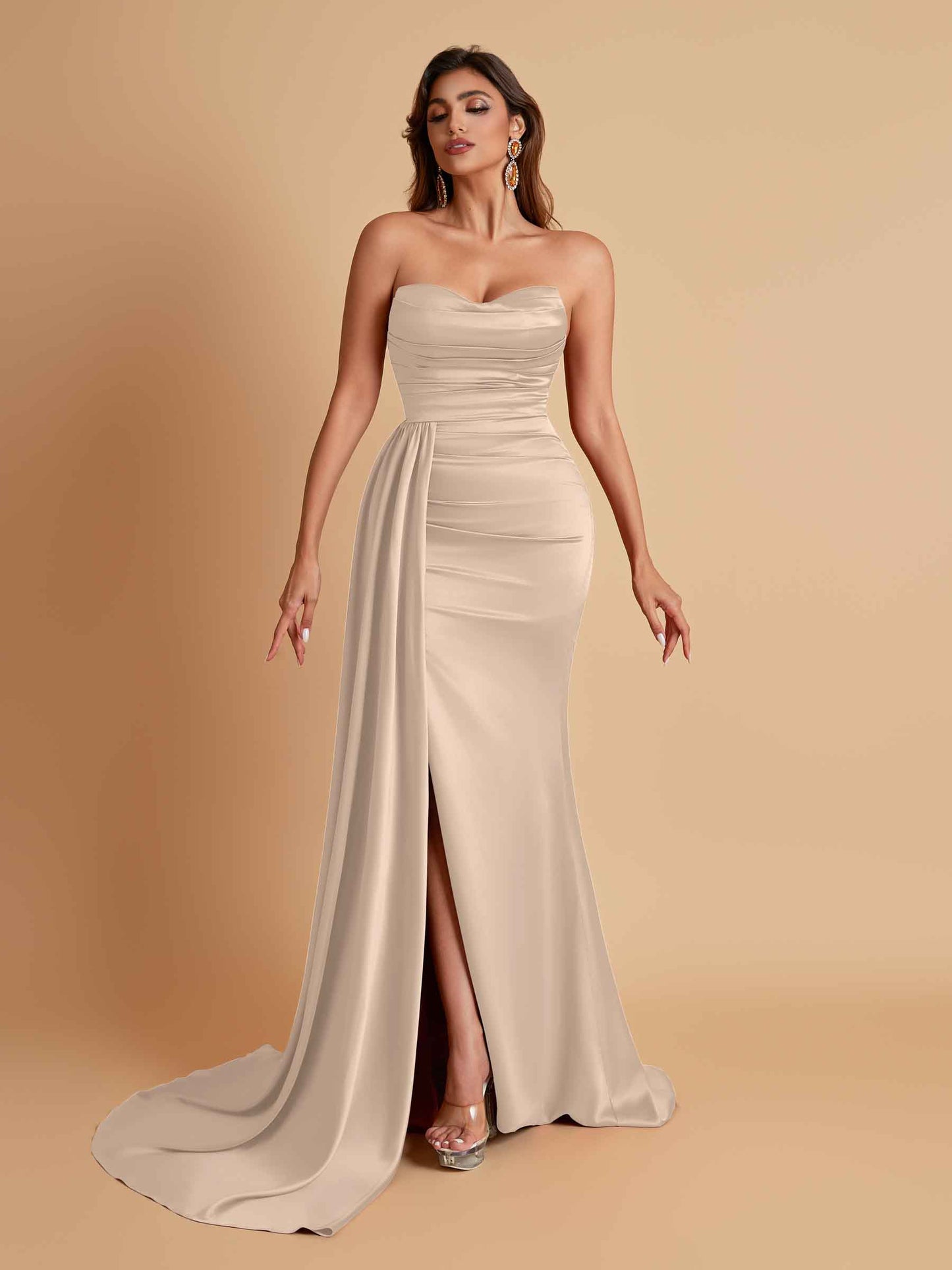 Elegant Soft Satin Sweetheart Strapless Side-Slit Mermaid Bridesmaid Dresses