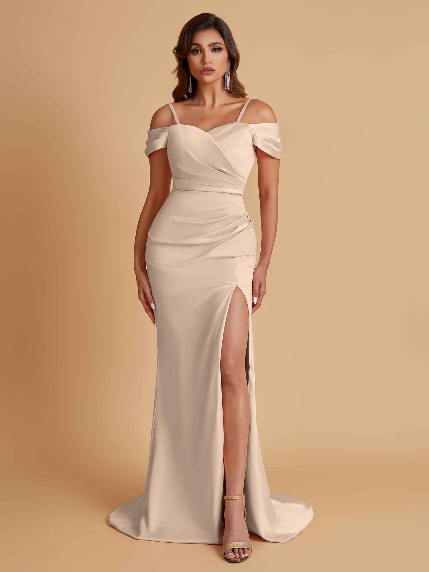 Sexy Soft Satin Mermaid Cold Shoulder Side Slit Floor-Length Bridesmaid Dresses Online