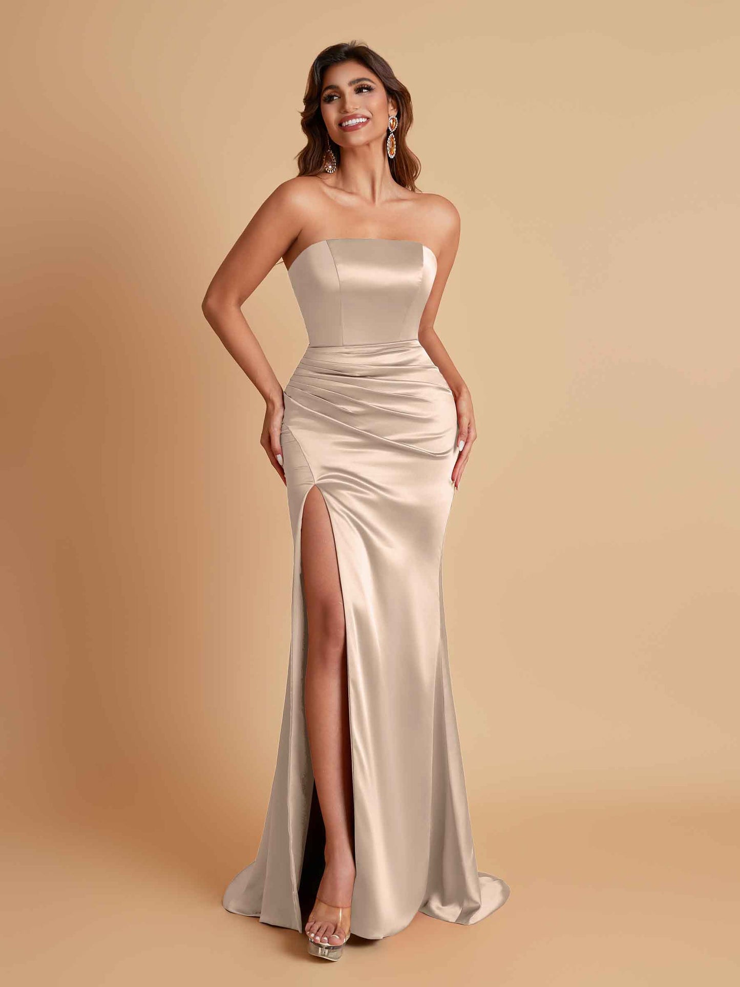 Elegant Soft Satin Strapless Split Side Mermaid Bridesmaid Dresses