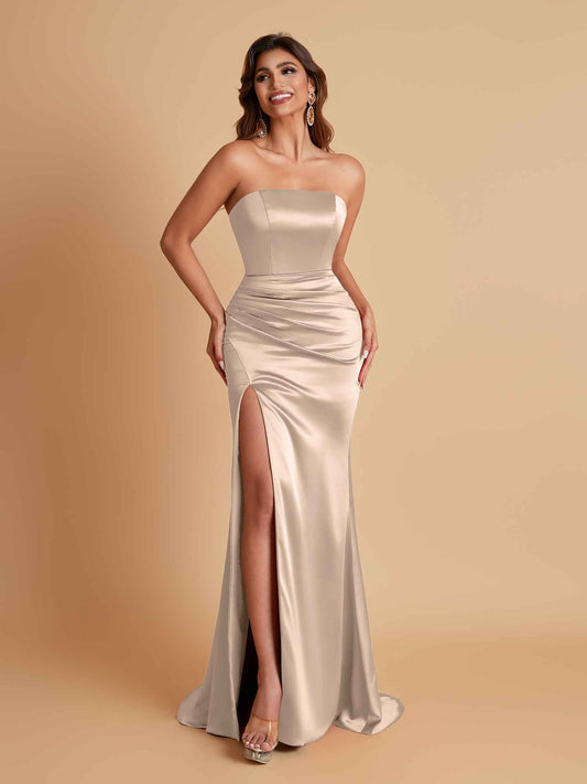 Elegant Soft Satin Strapless Split Side Mermaid Bridesmaid Dresses