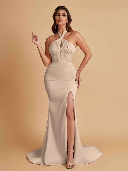 Elegant Soft Satin Mermaid Halter Side Slit Floor-Length Bridesmaid Dresses Online
