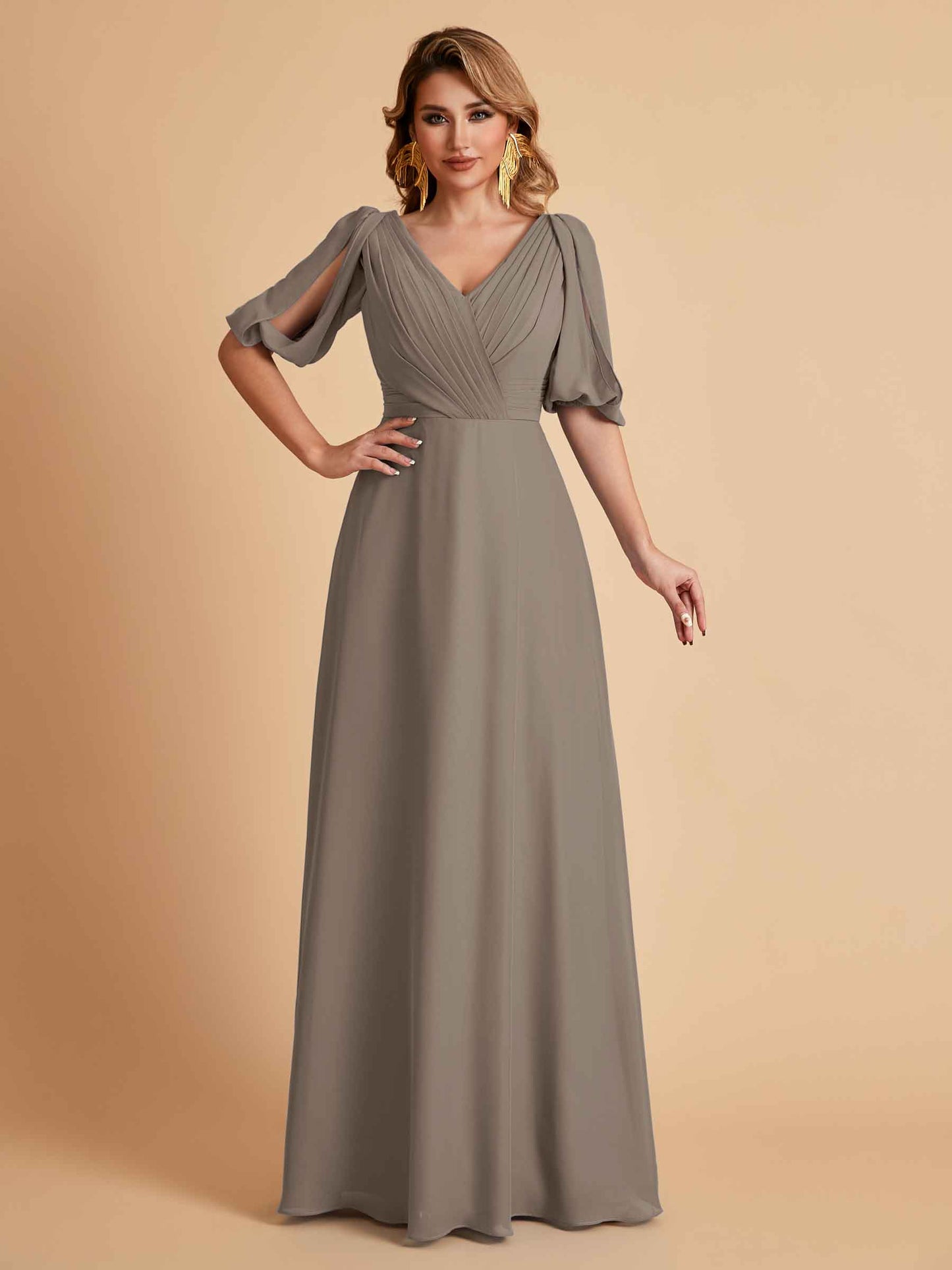 Elegant A-Line Chiffon Half Sleeves V-Neck Mother of the Brides Dresses Online