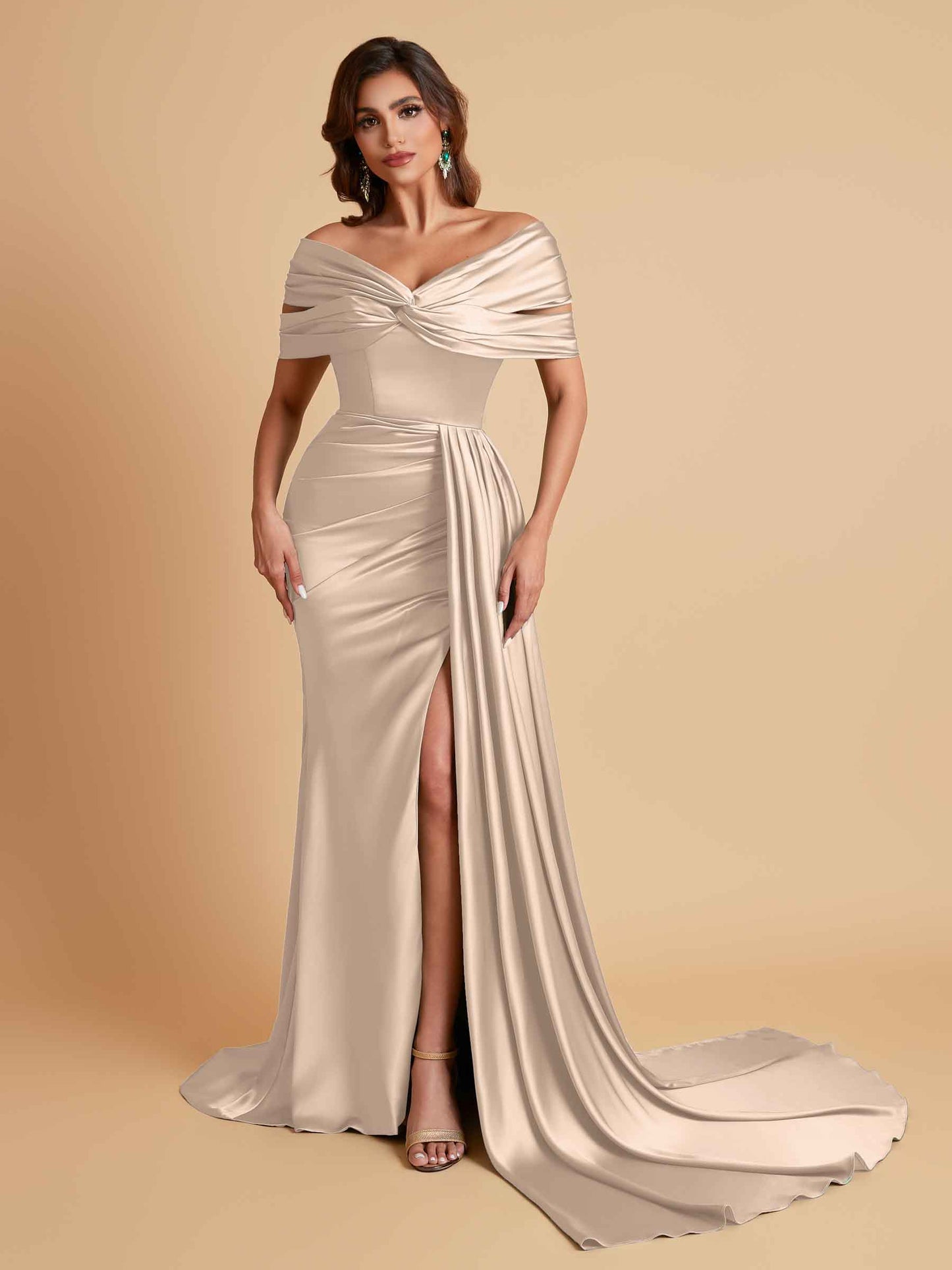 Elegant Soft Satin V-neck Off-the-Shoulder Side-Slit Mermaid Bridesmaid Dresses