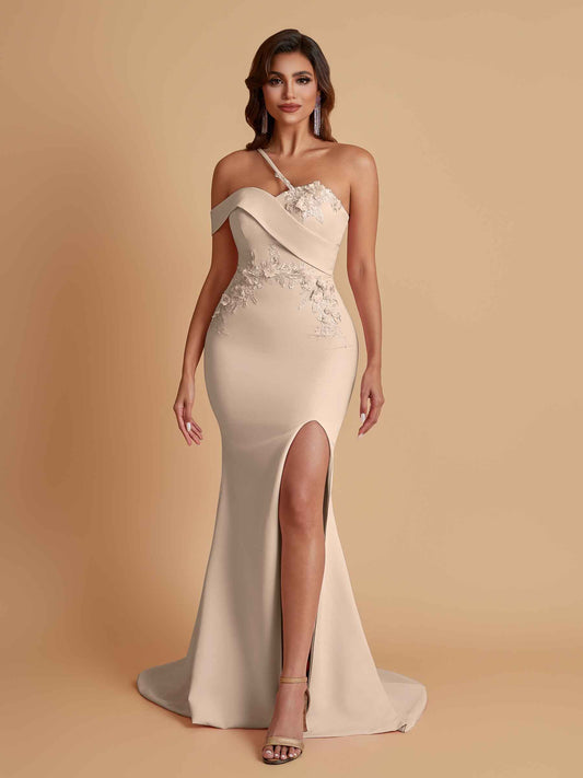 Sexy Soft Satin Mermaid One Shoulder Asymmetrical Side Slit Floor-Length Bridesmaid Dresses