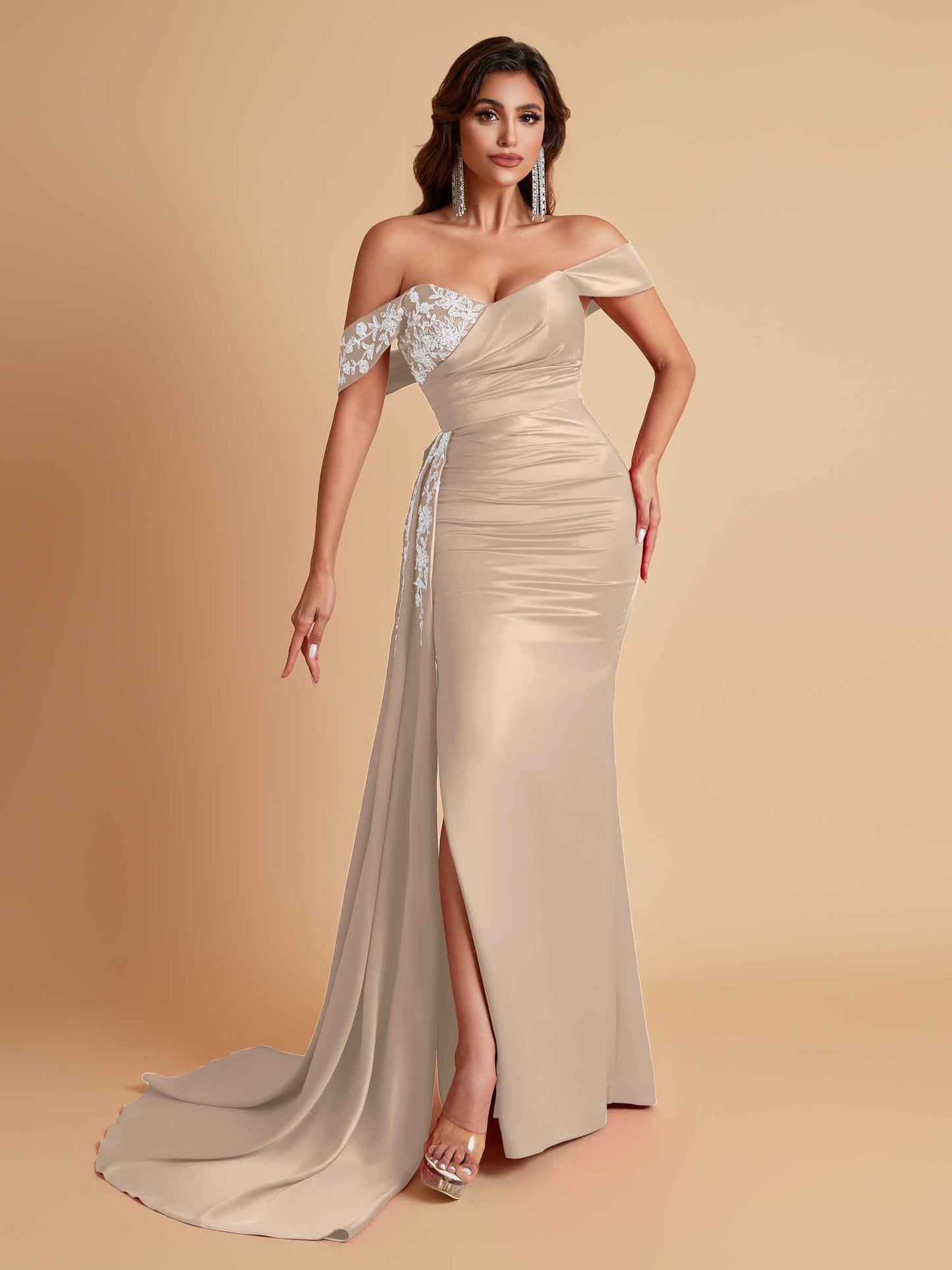 Elegant Soft Satin Mermaid Off Shoulder Floor-Length Mermaid Bridesmaid Dresses