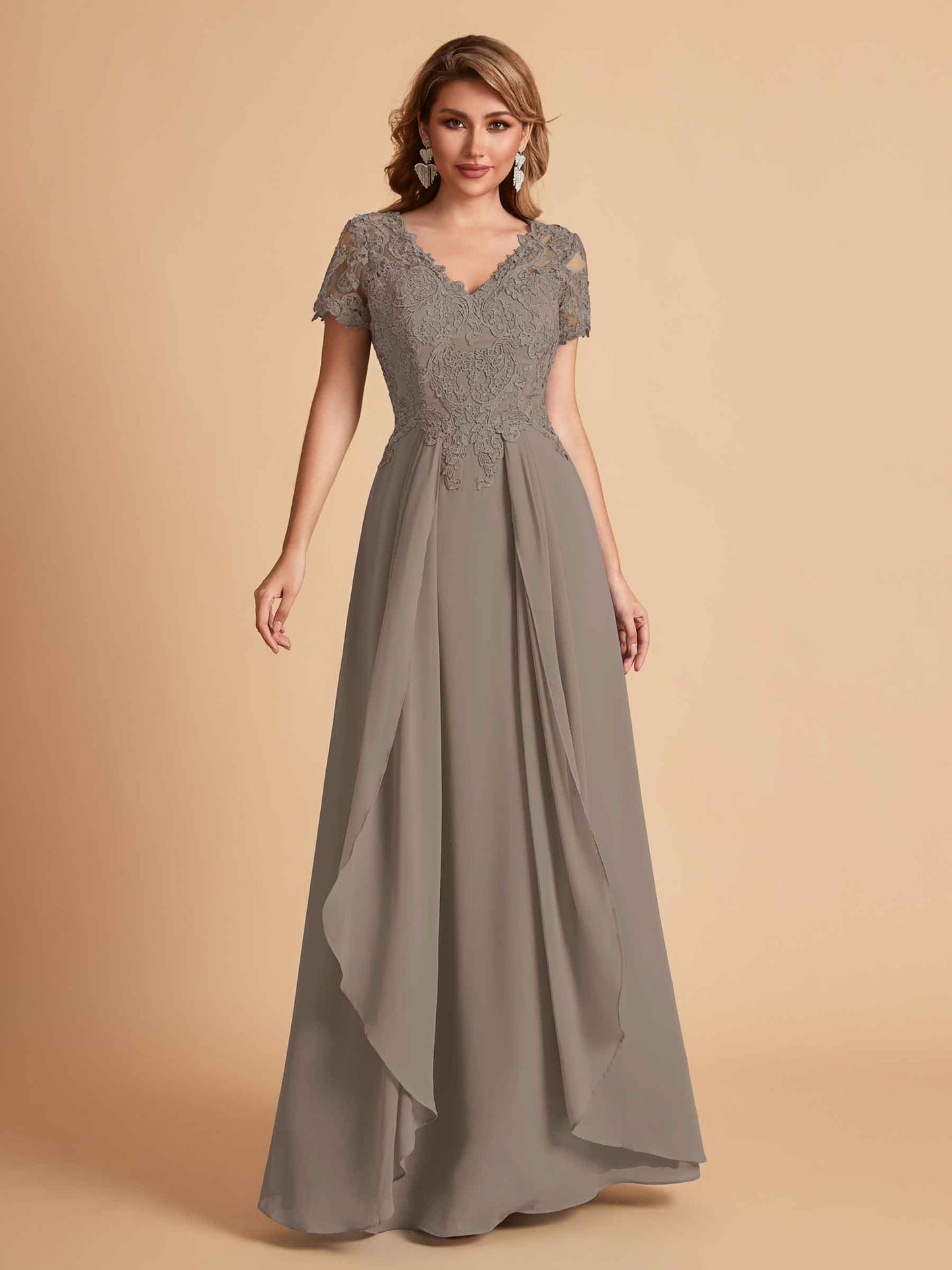 Elegant A-Line Chiffon Short Sleeves V-neck Mother of the Brides Dresses Lace Top MOB Dresses