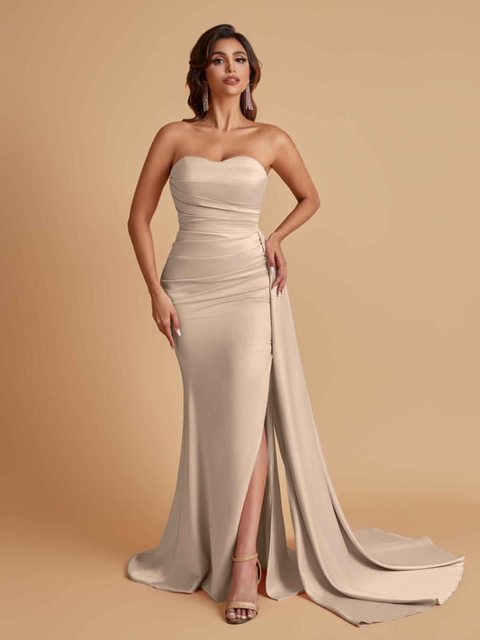 Simple Soft Satin Mermaid Strapless Floor-Length Mermaid Bridesmaid Dresses