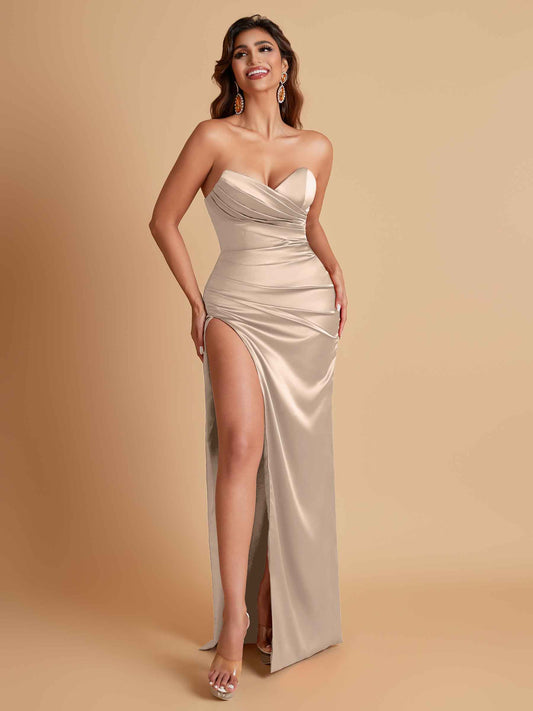 Soft Satin Elegant V-neck Strapless Split Side Mermaid Bridesmaid Dresses