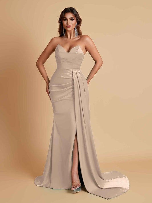 Gorgeous Strapless Soft Satin Side Slit Floor-Length Mermaid Bridesmaid Dresses