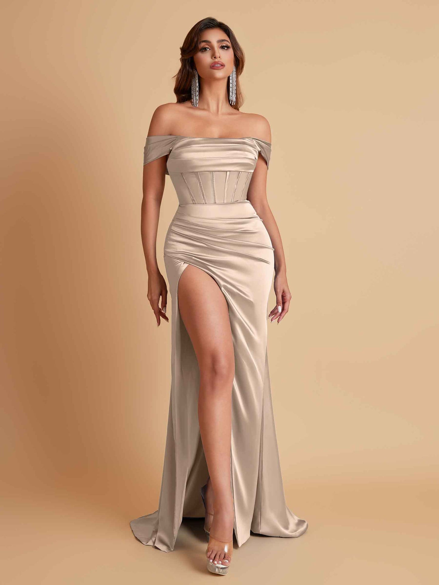 Sexy Off the Shoulder Soft Satin Side Slit Floor-Length Mermaid Bridesmaid Dresses