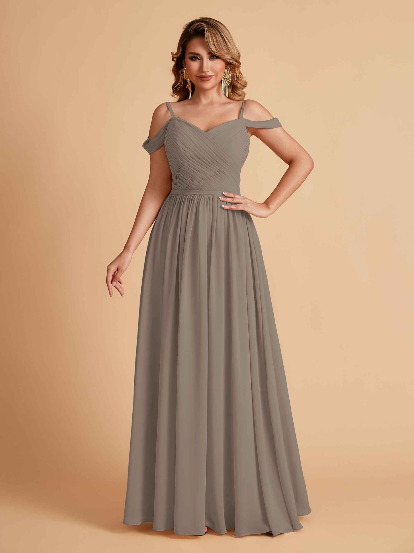 Elegant A-line Chiffon Off The Shoulder V-Neck Bridesmaid Dresses Online