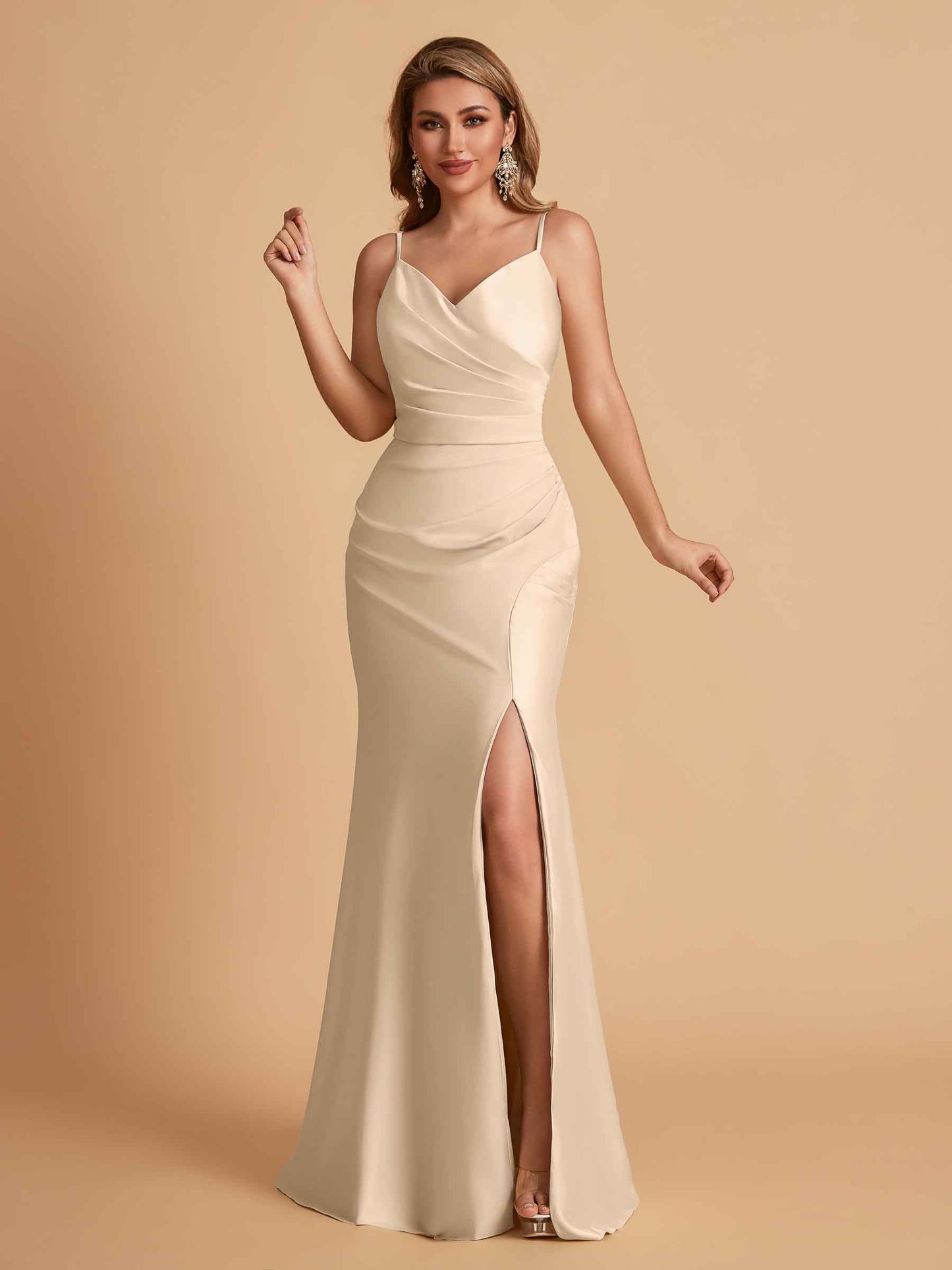 Elegant Satin Spaghetti Straps Mermaid Side Slit Floor Length Bridesmaid Dresses