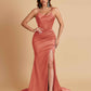 Sexy Spaghetti Straps V Neck Soft Satin Side Slit Floor-Length Mermaid Bridesmaid Dresses