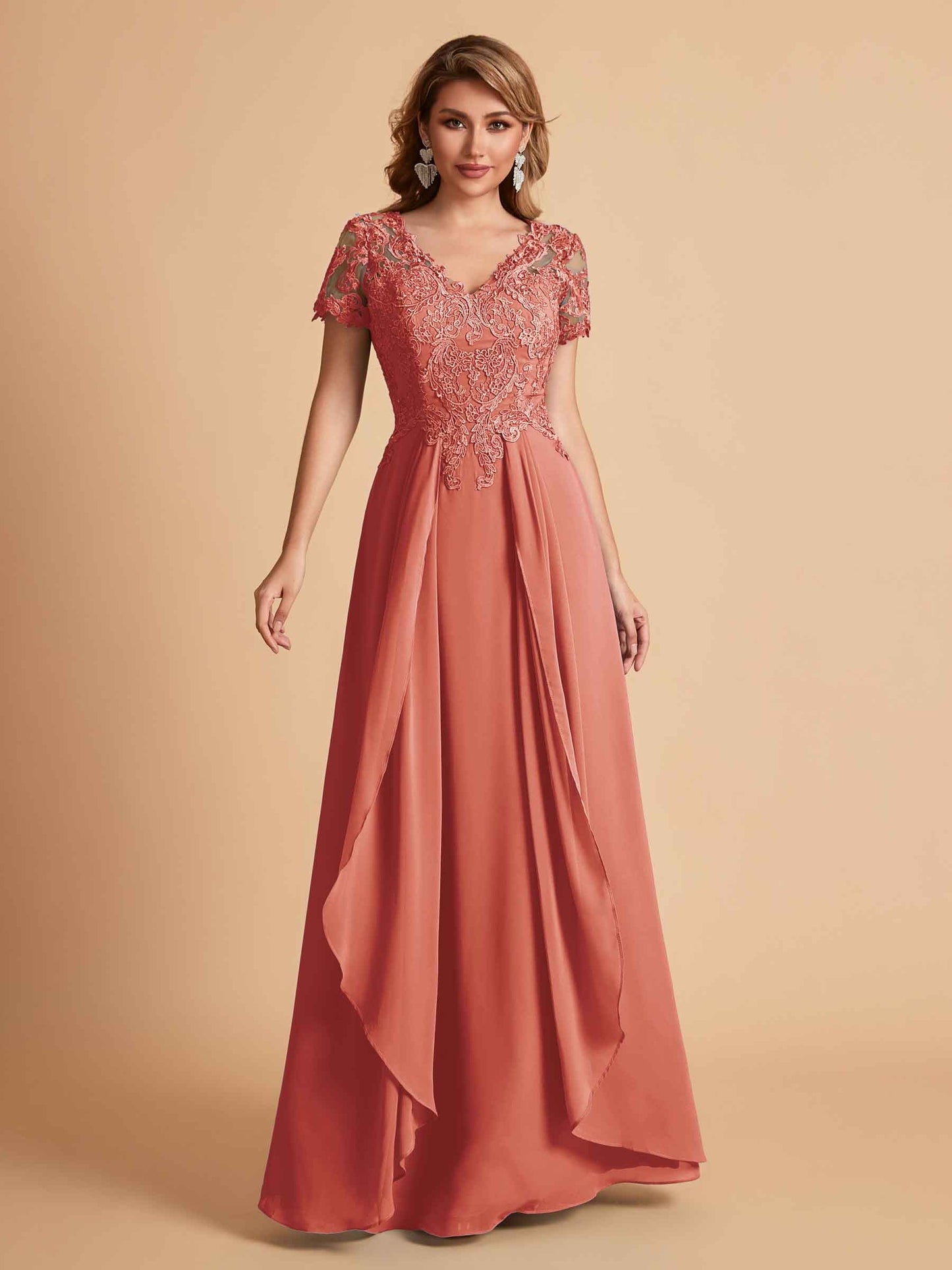 Elegant A-Line Chiffon Short Sleeves V-neck Mother of the Brides Dresses Lace Top MOB Dresses