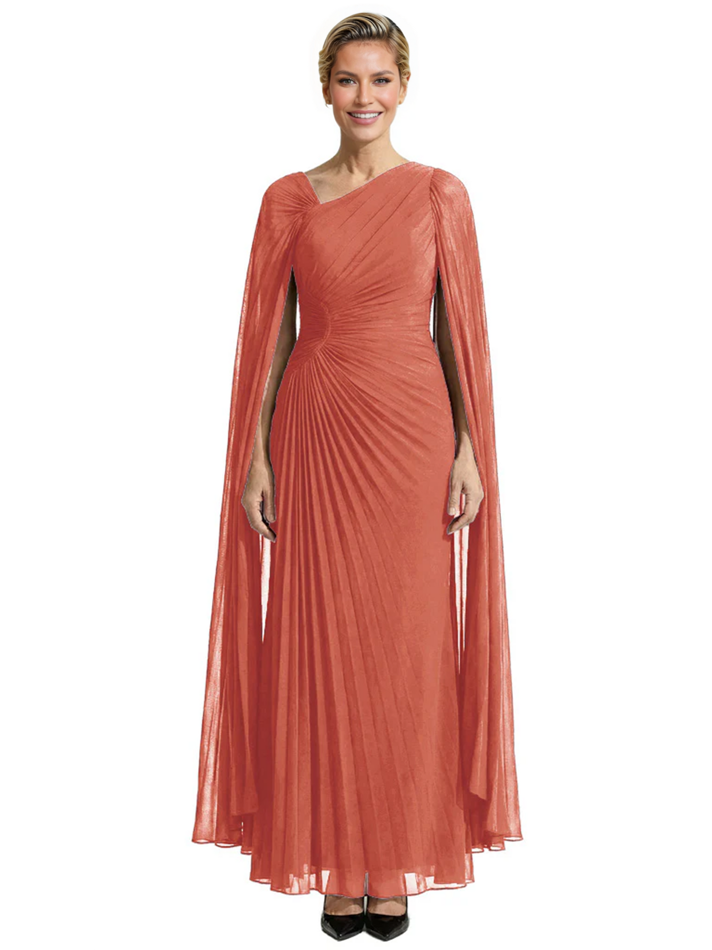 Elegant Asymmetric Neck Long A-Line Chiffon Mother of the Brides Dresses Mom Outfit with Cape