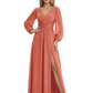 A-Line Mother of Bride Dress V-Neck Chiffon Gown Long Sleeves Slit Formal Dress