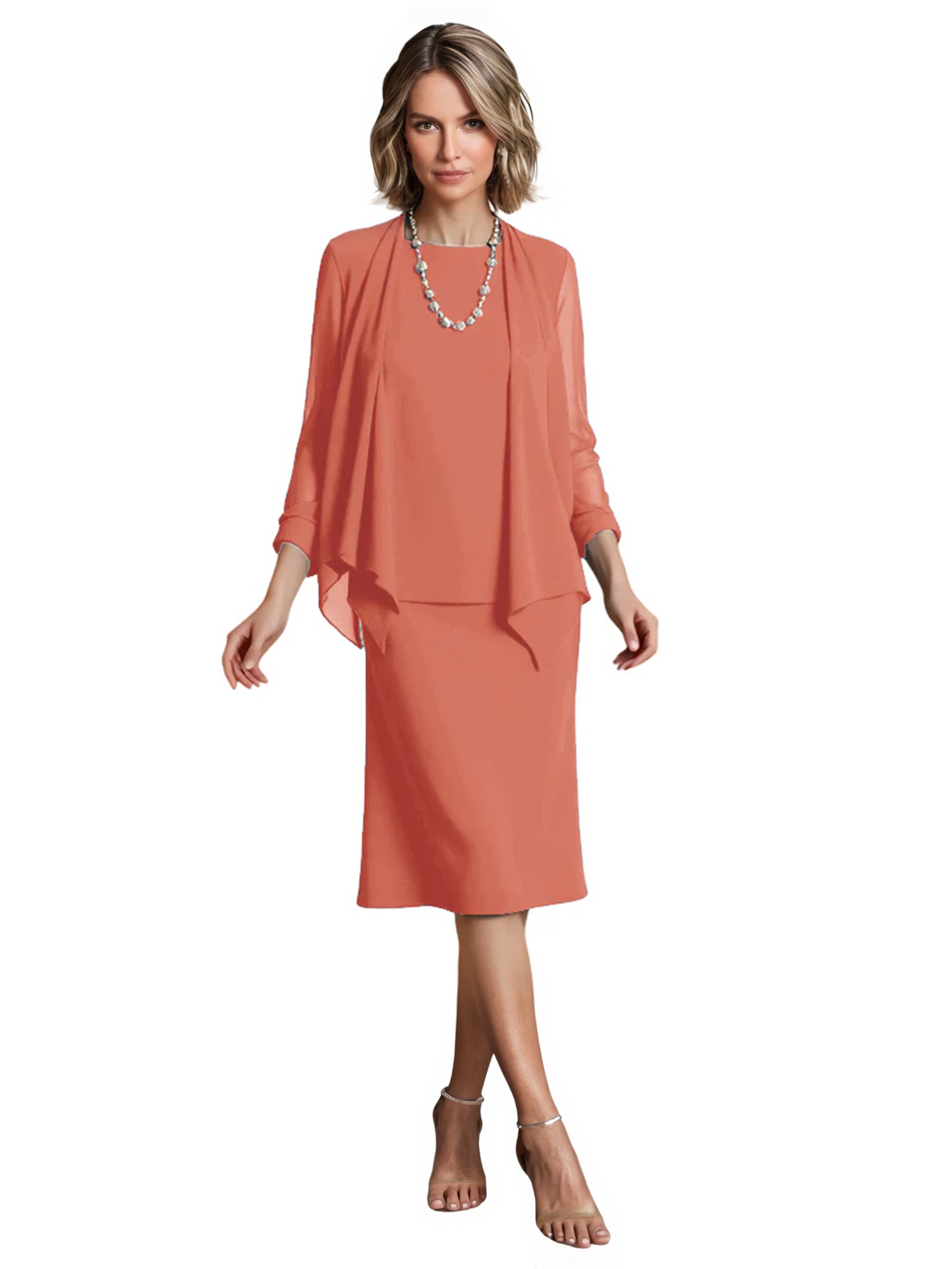 3 PCS Knee-Length Mother of Bride Dresses Prom Dress Evening Dress with Sheer Sleeves and Jacket