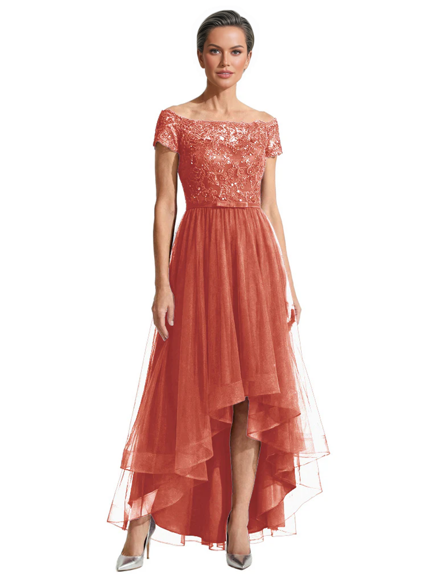 Formal High-Low Mother of the Bride Gown Short Sleeve Lace Maxi Dress with Tiered Skirt