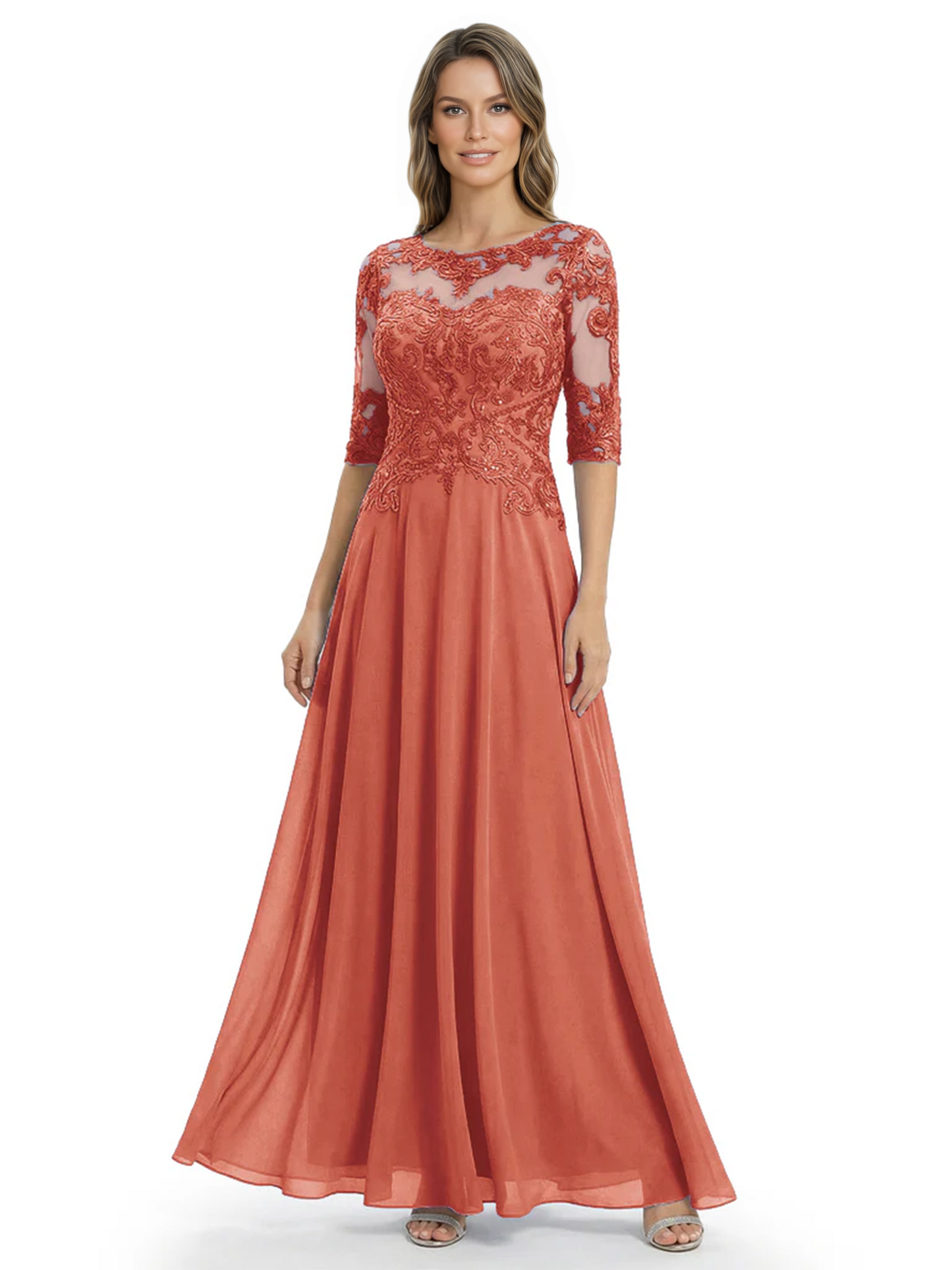 Illusion Neck Mother of the Bride Dress Half Sleeve Lace Applique Gowns Chiffon
